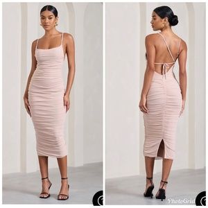 NUDE RUCHED MESH BODYCON MIDIDRESS size 6